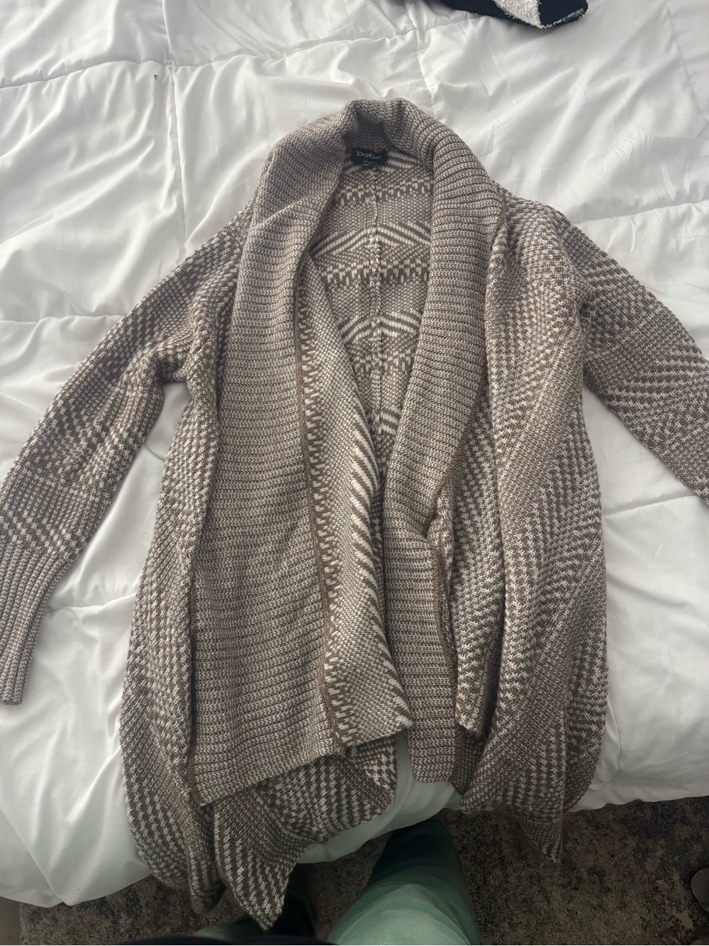 bebe Taupe Open-Front Shawl Collar Knit Cardigan